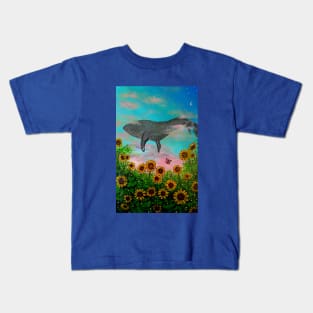 Whale flying in the sky with flower view Kids T-Shirt